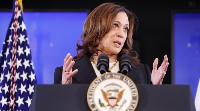 U.S. Vice President Kamala Harris gives remarks on conflict-related sexual violence at an event in the Eisenhower Executive Office Building, adjacent to the White House, June 17, 2024. (Anna Moneymaker/Getty Images)
