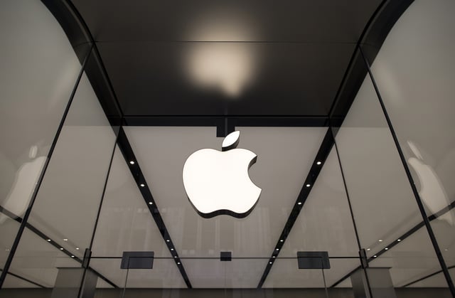 The Apple logo hangs above the entrance to the Apple Shinjuku store on April 5, 2018 in Tokyo, Japan. Apple Japan held a preview of the new store for the media today ahead of its opening on April 7. The store features the re-branded Town Squares floor plan, a cross between a retail store and an education center, in Japan first time. (Photo by Tomohiro Ohsumi/Getty Images)
