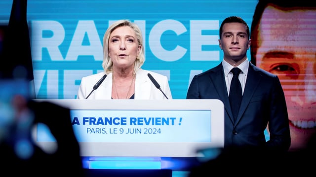 Marine Le Pen and Jordan Bardella appear at the National Rally’s election headquarters following the party’s victory in European Parliament elections, Paris, France, June 9, 2024 (SIPA photo by Chang Martin via AP Images).
