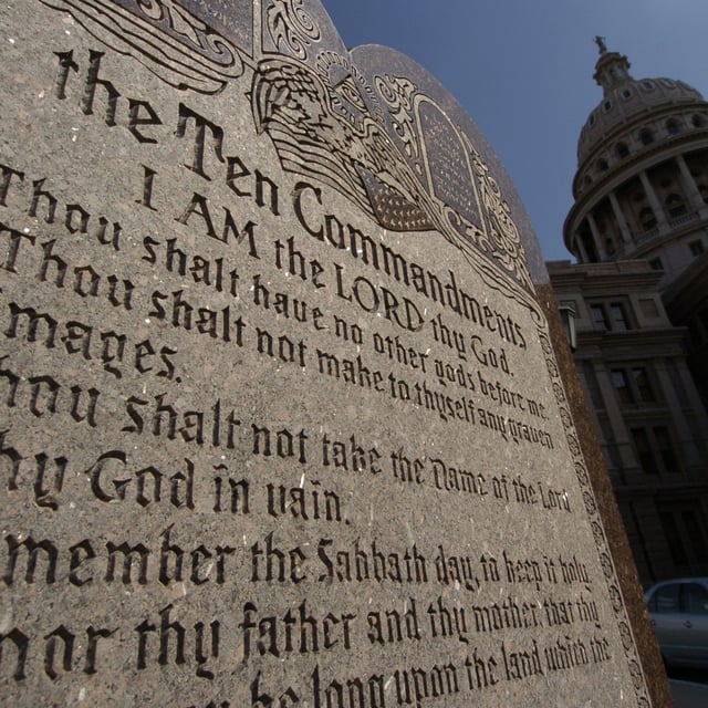 A six-foot high tablet of the Ten Commandments, which is located on the grounds of the Texas Capitol Building in Austin, Texas, is seen on February 28, 2005. A new bill requiring the Ten Commandments be displayed in school classrooms in Louisiana, sparks outrage across social media on Wednesday calling the bill “bizarre.”