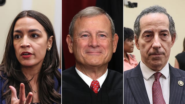 From left to right, Democratic Rep. Alexandria Ocasio-Cortez of New York, Supreme Court Chief Justice John Roberts and Democratic Rep. Jamie Raskin of Maryland are pictured.