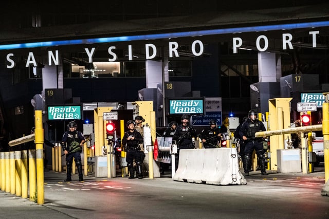 U.S. Customs and Border Protection officers run a drill at San Ysidro crossing port on the U.S.-Mexico border in Tijuana, Baja California state, Mexico, on May 10, 2023.