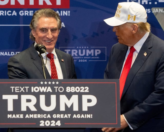 North Dakota Gov. Doug Burgum endorses Former President Donald Trump during a campaign event ahead of the Iowa Caucus on Sunday, Jan. 14, 2024, at Simpson College in Indianola. Burgum is on Trump's short list of possible running mates.