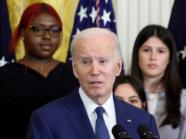 WASHINGTON, DC - MARCH 22: U.S. President Joe Biden speaks at a reception celebrating Women’s History Month in the East Room of the White House on March 22, 2023 in Washington, DC. The event was hosted to spotlight contributions women have made to the United States. (Photo by Anna Moneymaker/Getty Images)