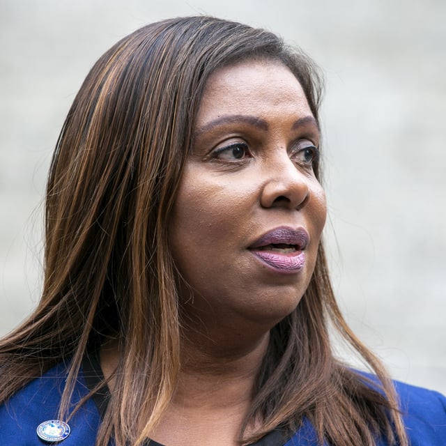 New York Attorney General Letitia James speaks outside the courthouse in New York last October. She has recently reached a huge settlement with UnitedHealthcare.