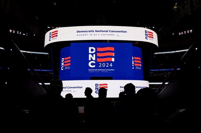 The convention logo is displayed while representatives for the Democratic National Convention hold a media walkthrough on Jan. 18, 2024, at the United Center.