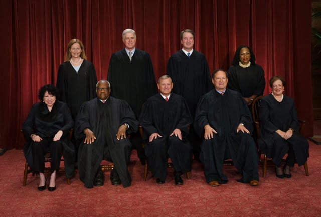 From left, Justices Sonia Sotomayor, Amy Coney Barrett, Clarence Thomas and Neil Gorsuch, Chief Justice John Roberts, and Justices Brett Kavanaugh, Samuel Alito, Ketanji Brown Jackson and Elena Kagan.
