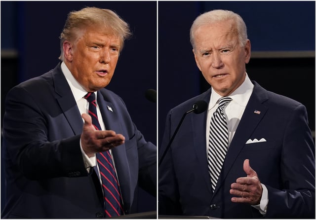 This combination of photos shows President Donald Trump, left, and former Vice President Joe Biden during the first presidential debate of 2020. (AP Photo/Patrick Semansky)