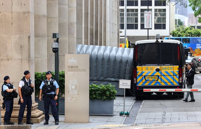 Police were out in force as Jimmy Lai Chee-ying and six others petition the Court of Final Appeal against their conviction for taking part in an unauthorised assembly in Victoria Park during the 2019 protests. Photo: Dickson Lee