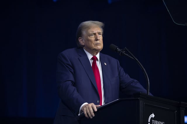 DETROIT, MICHIGAN - JUNE 15: Former President Donald Trump gives the keynote address at Turning Point Action's "The People's Convention" on June 15, 2024 in Detroit, Michigan.