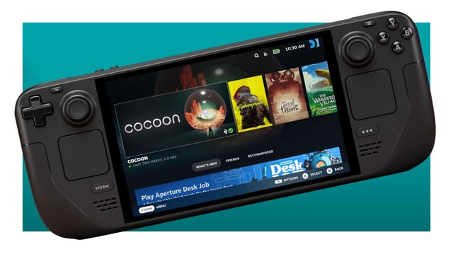 An image of a Valve Steam Deck handheld gaming PC against a teal background, with a white border