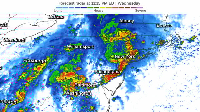 A forecast model shows one way thunderstorms may impact the East Wednesday night.