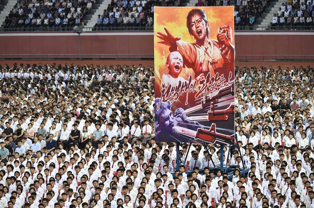 A rally at the Mayday Stadium in Pyongyang on Tuesday to mark the “Day of Struggle Against US imperialism”, on the 74th anniversary of the Korean war. Photo: AFP