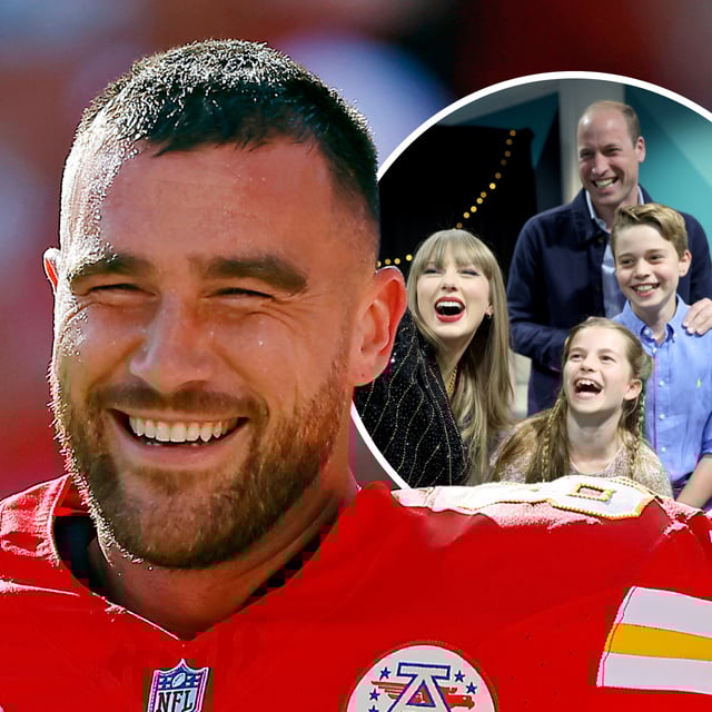 Travis Kelce photographed in Kansas City, October 22, 2023. And (inset) Prince William, Prince George and Princess Charlotte photographed with Taylor Swift in London, June 21, 2024. The royals left a positive impression on Kelce and his brother at Swift's concert event.