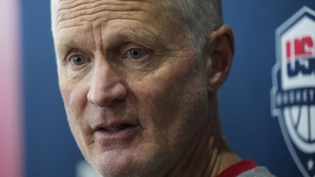 Head coach Steve Kerr speaks with members of the media during training camp for the United States men's basketball team Friday, Aug. 4, 2023, in Las Vegas. (AP Photo/John Locher)