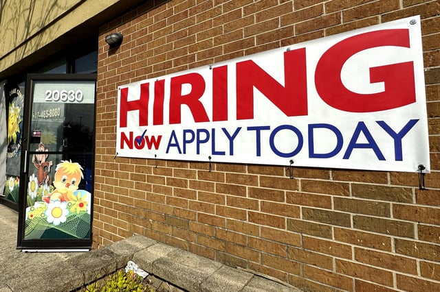 A hiring sign is displayed in Riverwoods, Ill., on April 16, 2024. On Thursday, June 27, 2024, the government reports on the number of Americans who applied for unemployment benefits last week. (AP Photo/Nam Y. Huh, File)
