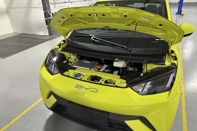A China-made electric vehicle is displayed with its hood open on April 3, 2024. Chinese EV manufacturers are eyeing production opportunities in Mexico.