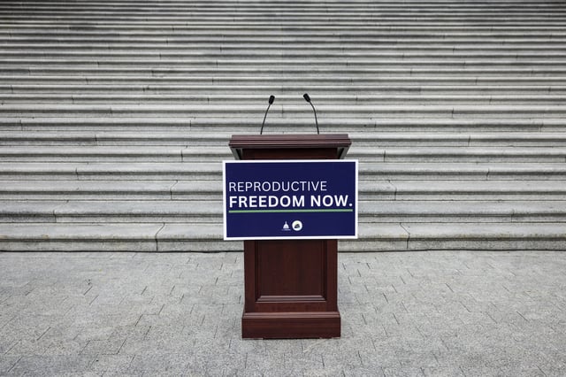 WASHINGTON, DC - JUNE 27: A podium is set up in front of the steps the U.S. House of Representatives ahead of a press conference on June 27, 2024 in Washington, DC. House Democrats are marking two years since the Supreme Court overturned Roe v. Wade in the Dobbs decision, allowing states to enact abortion access restrictions. (Photo by Samuel Corum/Getty Images)