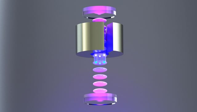 Physicists at UC Berkeley immobilized small clusters of cesium atoms (pink blobs) in a vertical vacuum chamber, then split each atom into a quantum state in which half of the atom was closer to a tungsten weight (shiny cylinder) than the other half (split spheres below the tungsten). By measuring the phase difference between the two halves of the atomic wave function, they were able to calculate the difference in the gravitational attraction between the two parts of the atom, which matched what is expected from Newtonian gravity. Credit: Cristian Panda/UC Berkeley