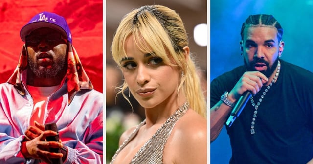 Kendrick Lamar wearing a white jacket and hat, Camila Cabello speaking in a black outfit, and Drake performing in a black outfit with a chain