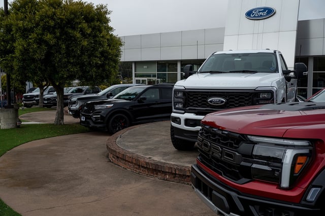 New Ford vehicles for sale at a dealership in Colma, California, US, on Friday, June 21, 2024. CDK Global, a software provider to some 15,000 car dealers, was waylaid by debilitating cyberattacks this week that have had a crippling effect on the auto sales industry.