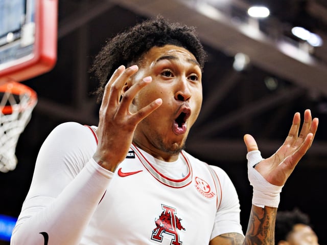 FAYETTEVILLE, ARKANSAS - FEBRUARY 27: Jeremiah Davenport #24 of the Arkansas Razorbacks reacts to a call on the court during the game against the Vanderbilt Commodores at Bud Walton Arena on February 27, 2024 in Fayetteville, Arkansas. The Commodores defeated the Razorbacks 85-82. (Photo by Wesley Hitt/Getty Images)