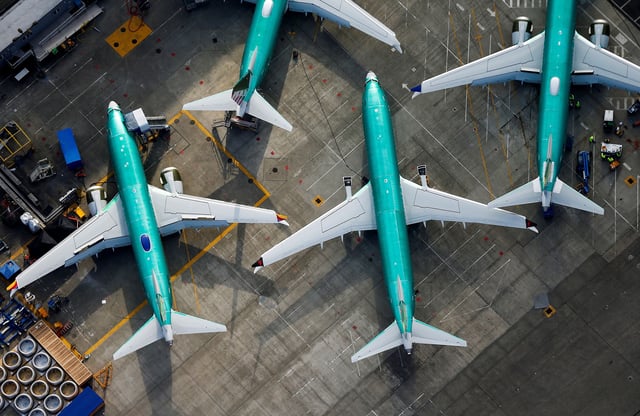 An aerial photo shows Boeing 737 MAX airplanes parked on the tarmac at the Boeing Factory in Renton, Washington, U.S. March 21, 2019.