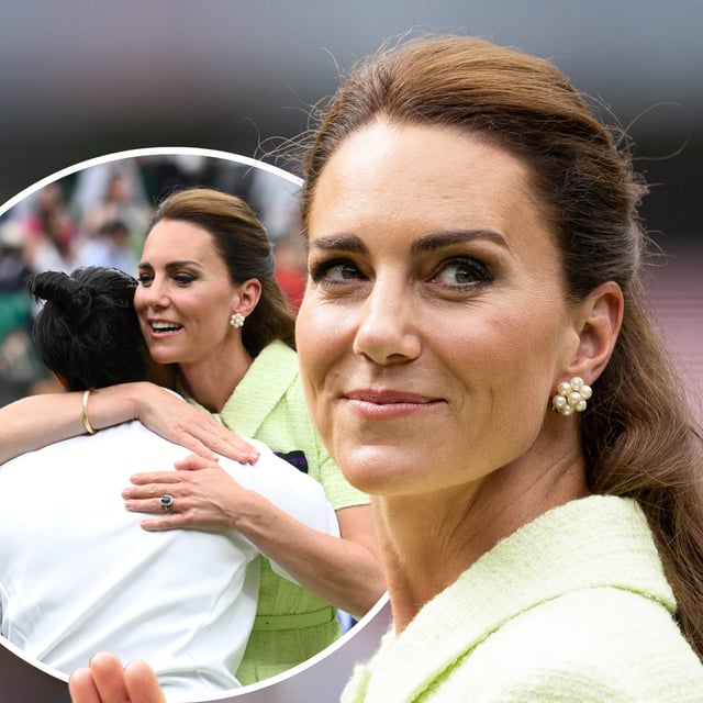 Princess Kate photographed attending the women's singles final game at the Wimbledon Tennis Championships in London, July 15, 2023. And (inset) with player, Ons Jabeur. The moment the princess congratulated Jabeur on her second place win has gone viral.
