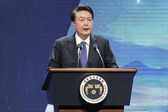 South Korean President Yoon Suk Yeol speaks during a ceremony to mark the 74th anniversary of the outbreak of the Korean War in Daegu, South Korea, on June 25, 2024. 