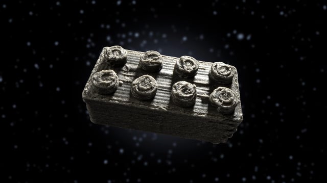 A LEGO-style ESA space brick, 3D-printed using dust from a meteorite. Credit: The LEGO Group