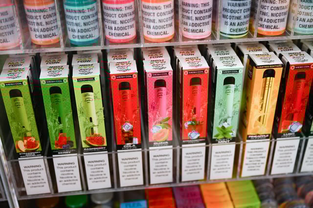 Supreme Hypp Max Flow flavored vaping e-cigarette products are displayed in a convenience store on June 23, 2022 in El Segundo, California.