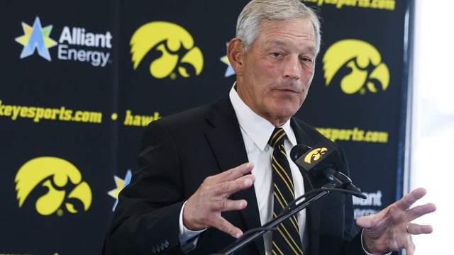 Iowa coach Kirk Ferentz answers a question during the NCAA college football team's media day Friday, Aug. 11, 2023, in Iowa City, Iowa. (Jim Slosiarek/The Gazette via AP)