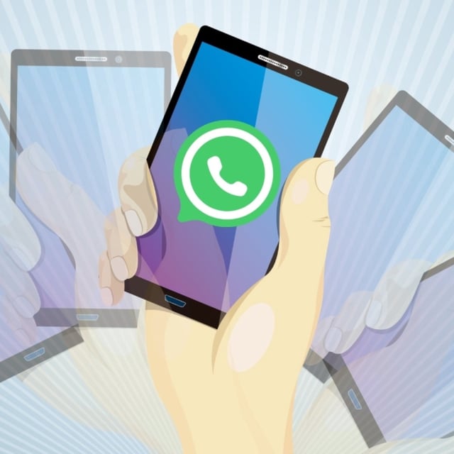 A graphic of phone screens with the WhatsApp logo in the middle.