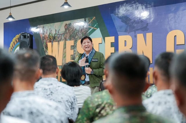 Philippine President Ferdinand Marcos Jnr speaking to troops at the Philippines’ South China Sea Forces HQ in Puerto Princesa, Palawan. Photo: AFP
