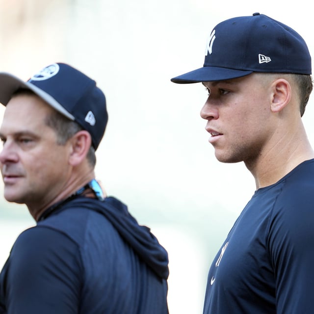 BALTIMORE, MARYLAND - APRIL 29: Manager Aaron Boone #1 and Aaron Judge #99 of the New York Yankees talk during batting practice prior to a game against the Baltimore Orioles at Oriole Park at Camden Yards on April 29, 2024 in Baltimore, Maryland.
Boone responded to the comments of Judge's hitting coach.
