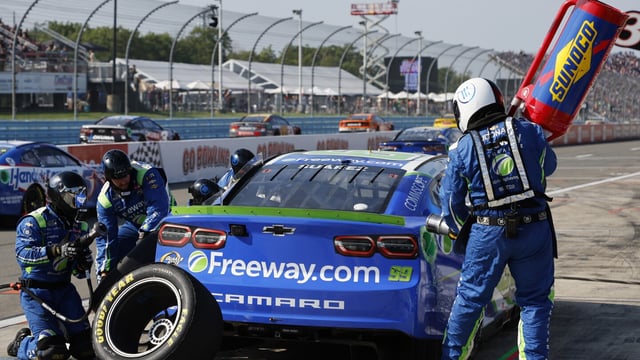 Daniel Suarez stops in pit row during a NASCAR Cup Series auto race in Watkins Glen, N.Y., Sunday, Aug. 20, 2023. (AP Photo/Jeffrey T. Barnes)