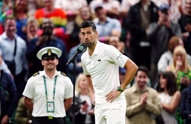 Novak Djokovic is interviewed on court after beating Holger Rune on day eight of the 2024 Wimbledon Championships at the All England Lawn Tennis and Croquet Club, London. Picture date: Monday July 8, 2024. PA Photo. See PA story TENNIS Wimbledon. Photo credit should read: Mike Egerton/PA Wire.

RESTRICTIONS: Editorial use only. No commercial use without prior written consent of the AELTC. Still image use only - no moving images to emulate broadcast. No superimposing or removal of sponsor/ad logos.