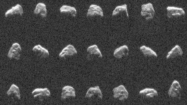 Blurry images of an asteroid stacked next to each other