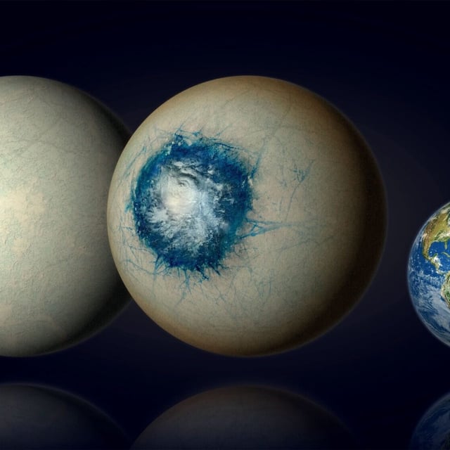 LHS 1140 b may be a world completely covered in ice (left) similar to Jupiter’s moon Europa or be an ice world with a liquid substellar ocean and a cloudy atmosphere (center). This planet is about 1.7 times the size of our planet Earth.
