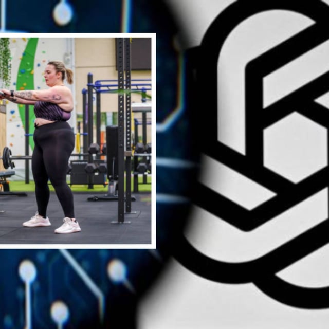A woman working out with a kettle bell with OpenAI's logo in the background