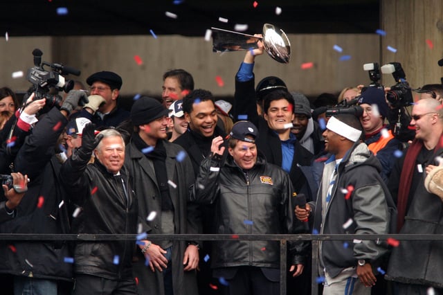 Patriots team celebrating Super Bowl win
