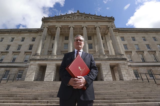 British Prime Minister Keir Starmer stands outside Northern Ireland's Parliament Buildings during his tour of the United Kingdom, in Stormont, Northern Ireland, July 8, 2024. 
