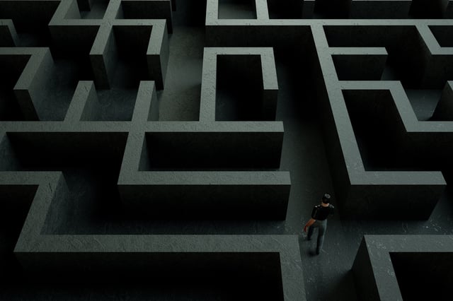 3d rendering of maze, labyrinth background with businessman. Occupation, Maze, Footpath, Choices, Problems,Strategy