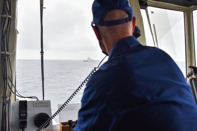 During a routine maritime patrol in the Bering Sea , the U.S. Coast Guard Cutter Bertholf spotted and established radio contact with a Chinese PLAN vessel in 2021.