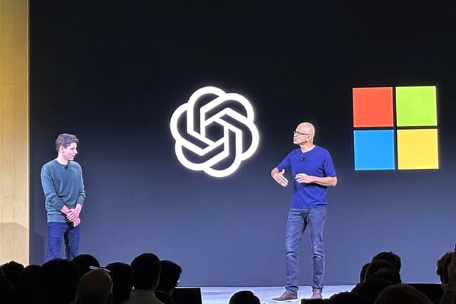 OpenAI CEO Sam Altman, left, appears onstage with Microsoft CEO Satya Nadella at OpenAI's first developer conference, on Nov. 6, 2023, in San Francisco. Microsoft has quit its seat on the board of OpenAI, saying its role is no longer needed because the ChatGPT maker has improved its governance since being roiled by boardroom chaos last year. In a letter sent on Tuesday, July 9, 2024, Microsoft confirmed it was resigning, “effective immediately,” from its role as an observer on the board. (AP Photo/Barbara Ortutay, File)