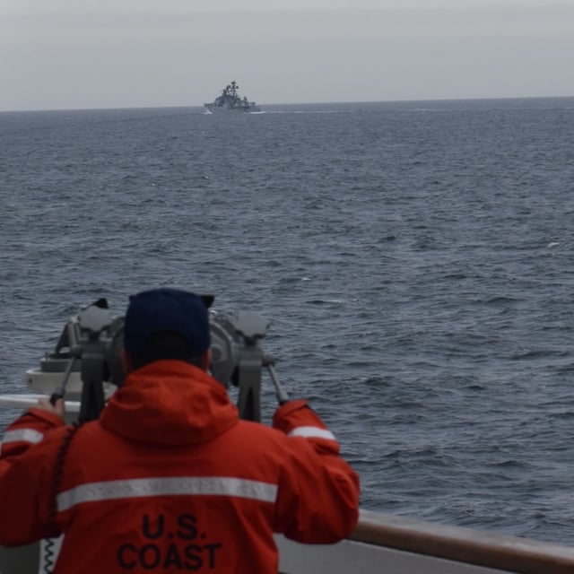 The Coast Guard Cutter Kimball crew on a routine patrol in the Bering Sea encountered a People’s Republic of China Guided Missile Cruiser, Renhai CG 101, sailing approximately 75 nautical miles north of Kiska Island, Alaska, September 19, 2022. The same vessel encountered Chinese naval ships in waters off the United States at the weekend.