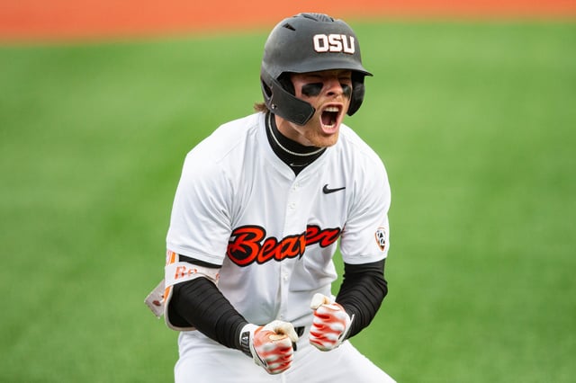 Oregon State's Travis Bazzana, here celebrating a home run against rival Oregon, hit .407 with 28 home runs last season.  One concern is whether the Australian will stay in the middle infield because of his defense.