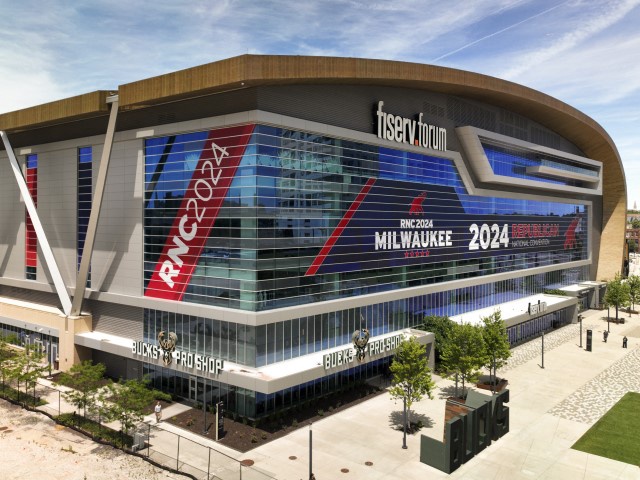 This aerial photo shows Fiserv Forum decorated for the Republican National Convention in Milwaukee, Wisconsin on July 1, 2024. The city of Milwaukee will host the 2024 Republican Convention at Fiserv Forum which will run from July 15 through July 18. (TANNEN MAURY/AFP via Getty)