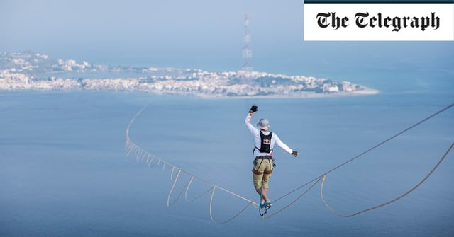 Champion slackliner Jaan Roose crossing the Strait of Messina