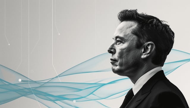 Black and white headshot of Elon Musk's side profile on a background of white with stylised blue lines going across